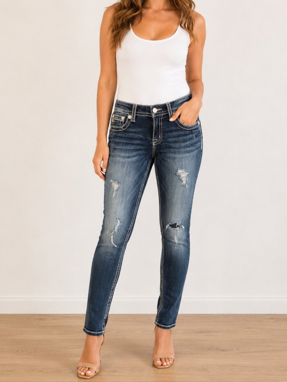 Miss Me Easy Skinny Jeans Size 30 Distressed Fleur De Lis Stretch Denim